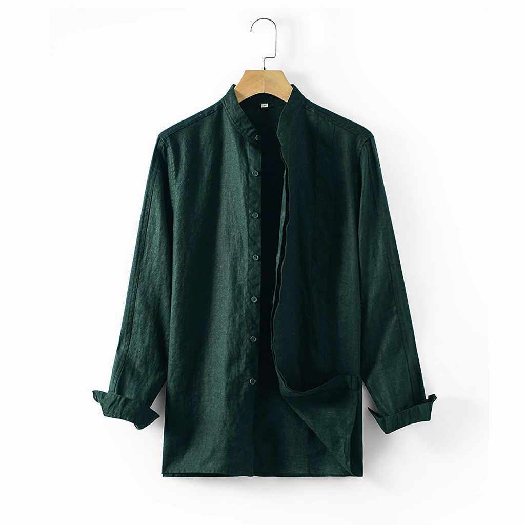 100% European Linen Men's Stand Collar Shirt Top REAL SILK LIFE