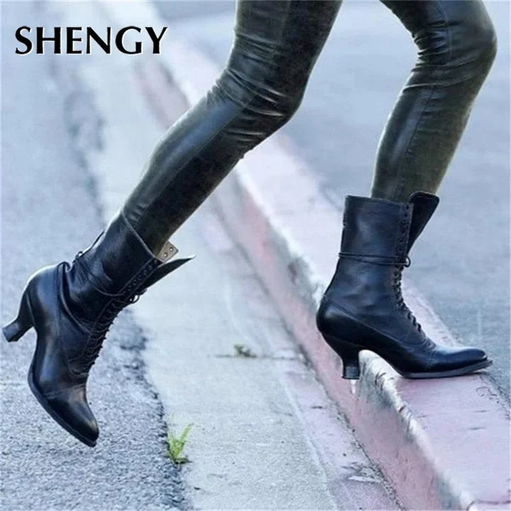 2019 Autumn Women boots Retro woemn Shoes female Booties Plus Size Shoes pointed toe Leather Shoes Heel Mid Calf Boots