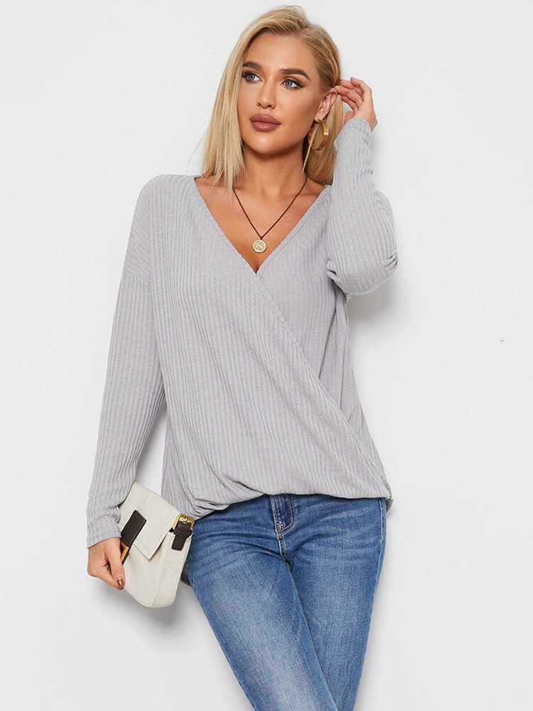 Solid Ribbed Cross Wrap V-neck Long Sleeve Loose Casual T-shirt - Shop Trendy Women's Fashion | TeeYours