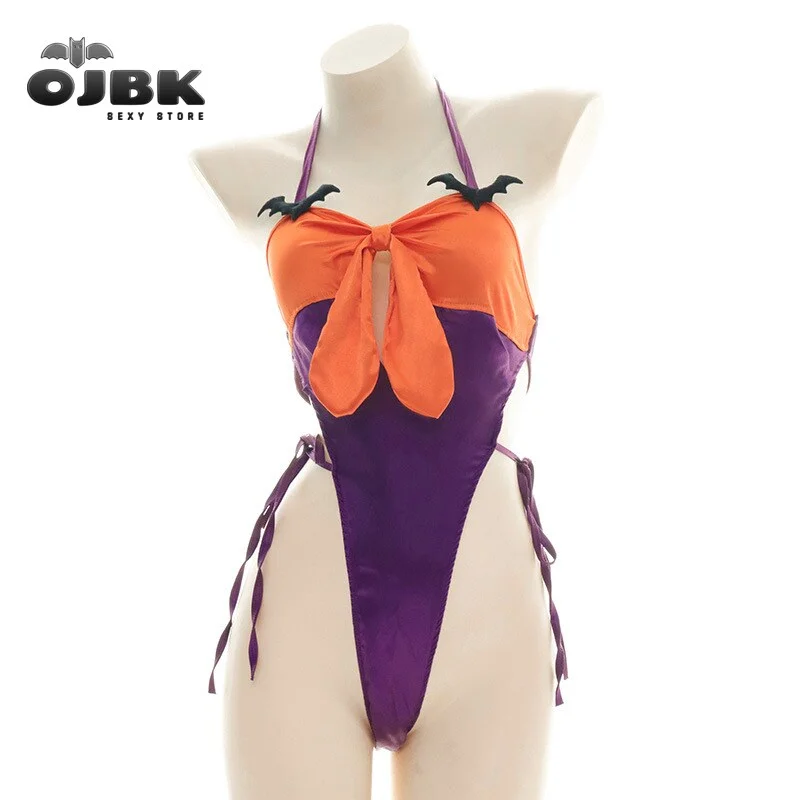 Billionm Sexy Tempatation Halloween Cosplay Erotic Costumes Backless Bow Halter Women Bodysuit Patchwork Satin V Neck Lace Up Lingerie