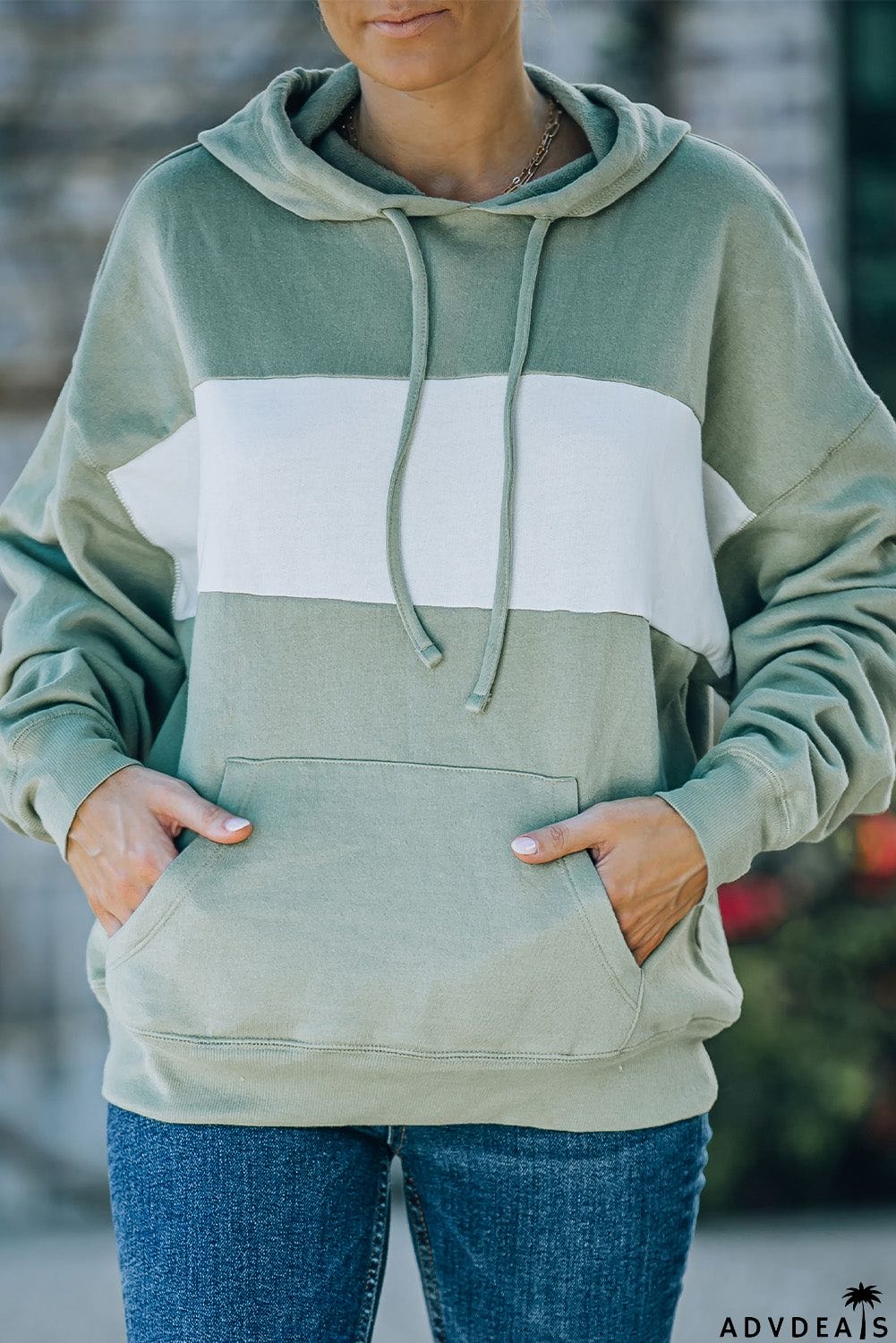 Contrast Wide Band Front Drawstring Hoodie