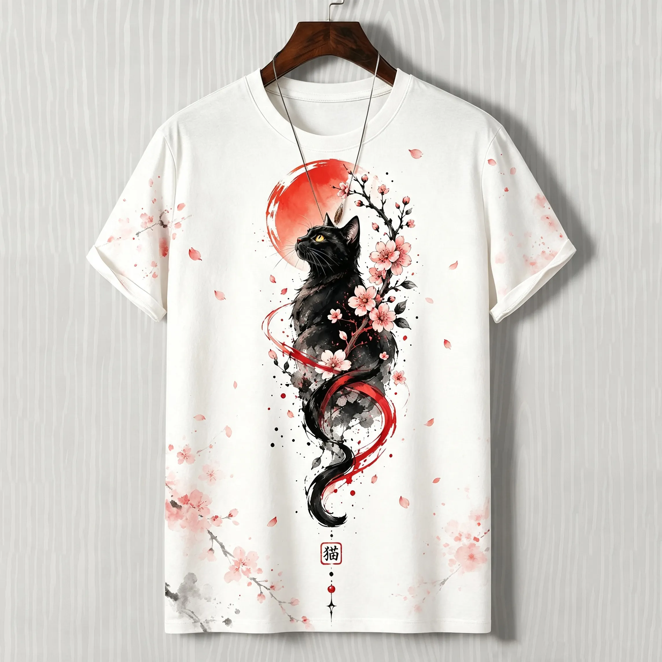 Men's Retro Japanese Cherry Blossom And Cat Art Pattern Casual T-shirt  artssus