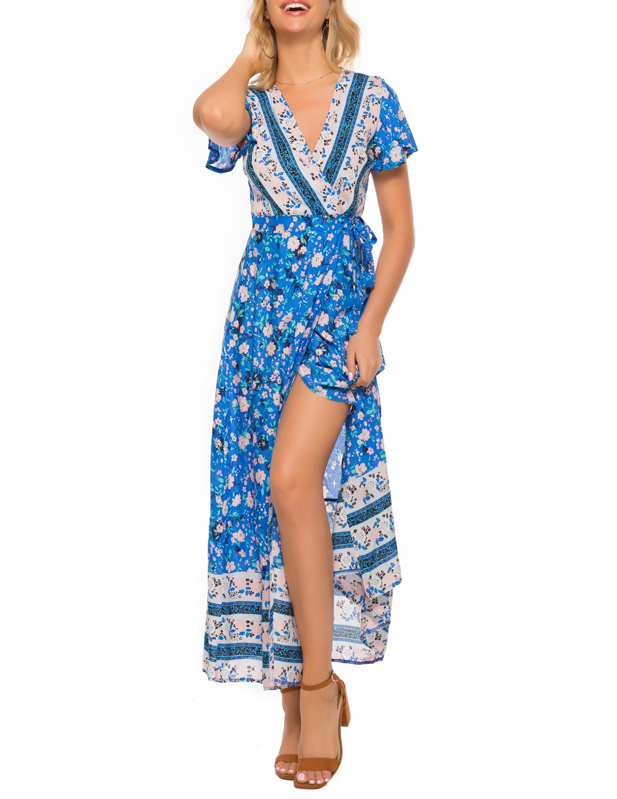 Mature Women Summer V-neck Split Bohemian Print Dress