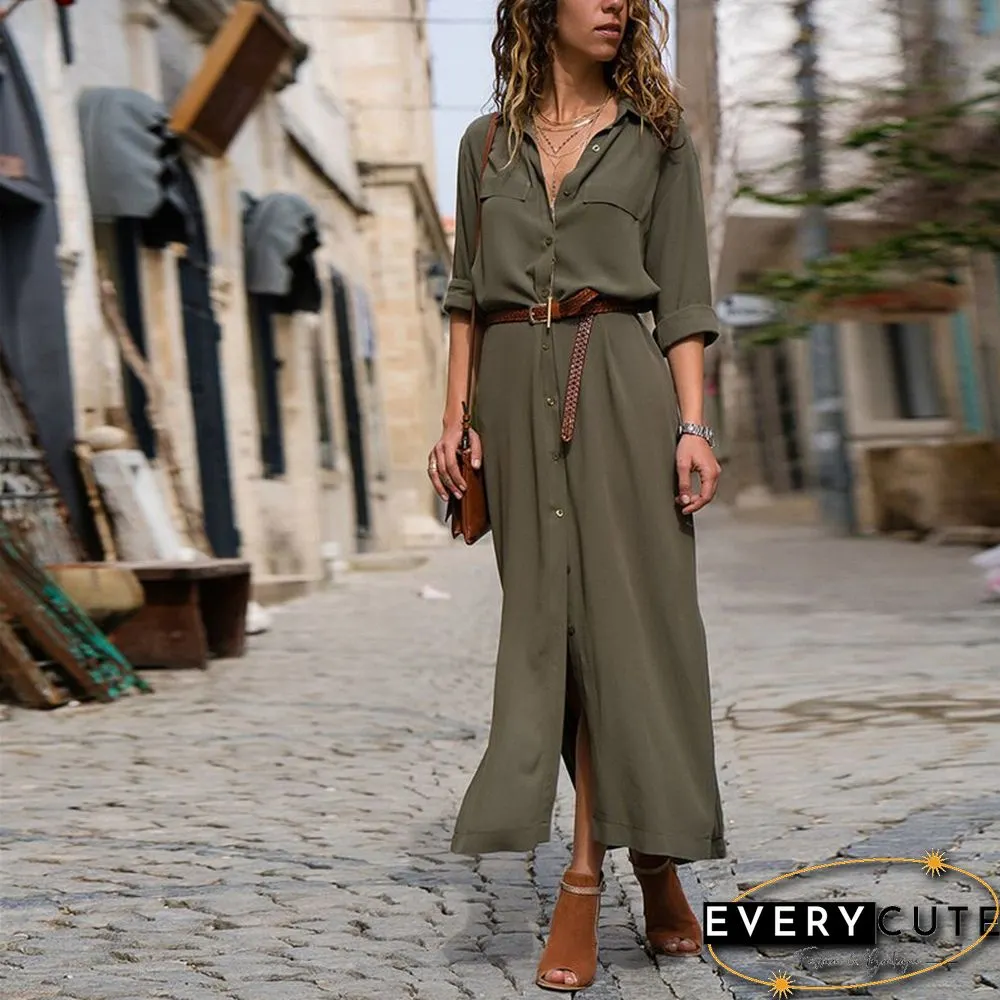 New Autumn Winter Casual Shirt Dress Women Full Sleeve Turn Down Collar Solid Dress