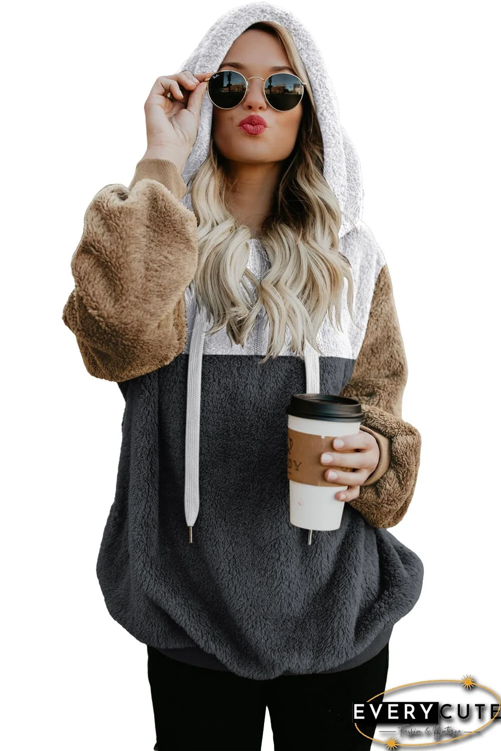 Gray Colorblock Fluffy Faux Fur Hoodie