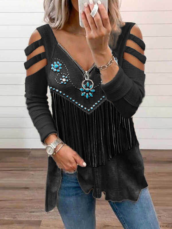 Western Turquoise Floral Tassels Hollow Shoulder Zip Up T Shirt Westsshops
