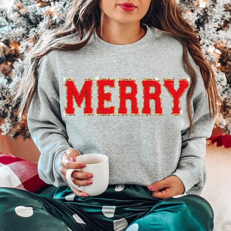 Chenille Patch Christmas Sweatshirt, Christmas Shirts, Merry Christmas Crewneck, Cute Winter Sweater