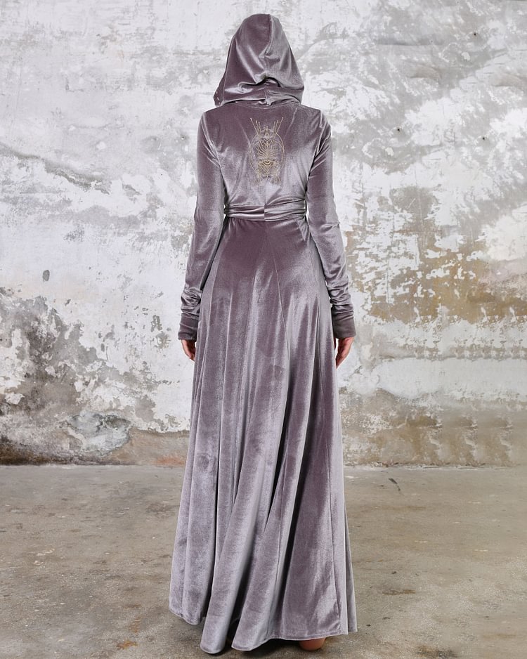 Hooded velvet embroidered dress