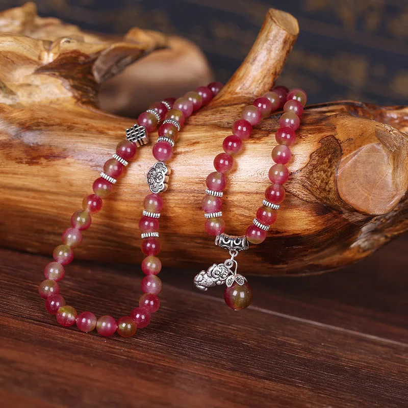 Watermelon Tourmaline PiXiu Elephant Positive Triple Wrap Mala Bracelet