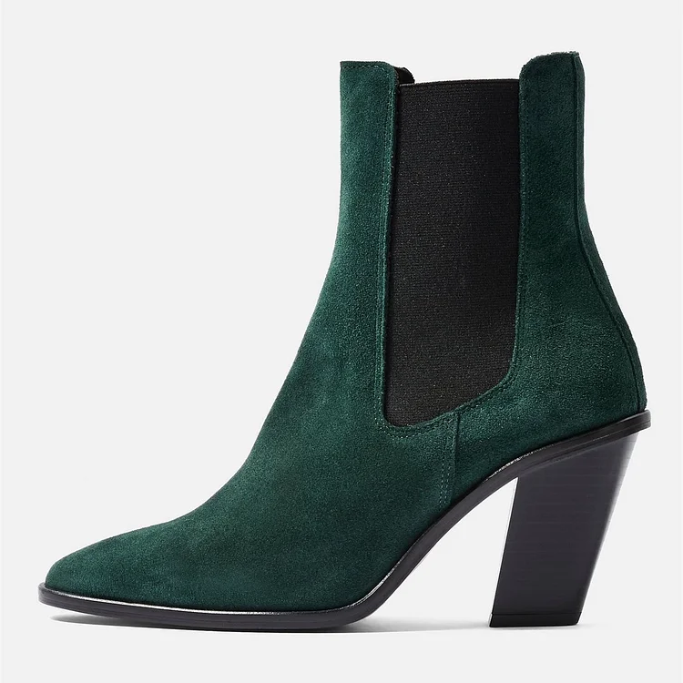 Green Vegan Suede Chelsea Boots Chunky Heels Ankle Boots |FSJ Shoes