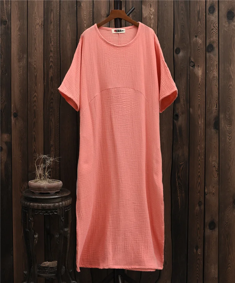 Vintage Cotton Linen Short Sleeve Maxi Dress - yankia