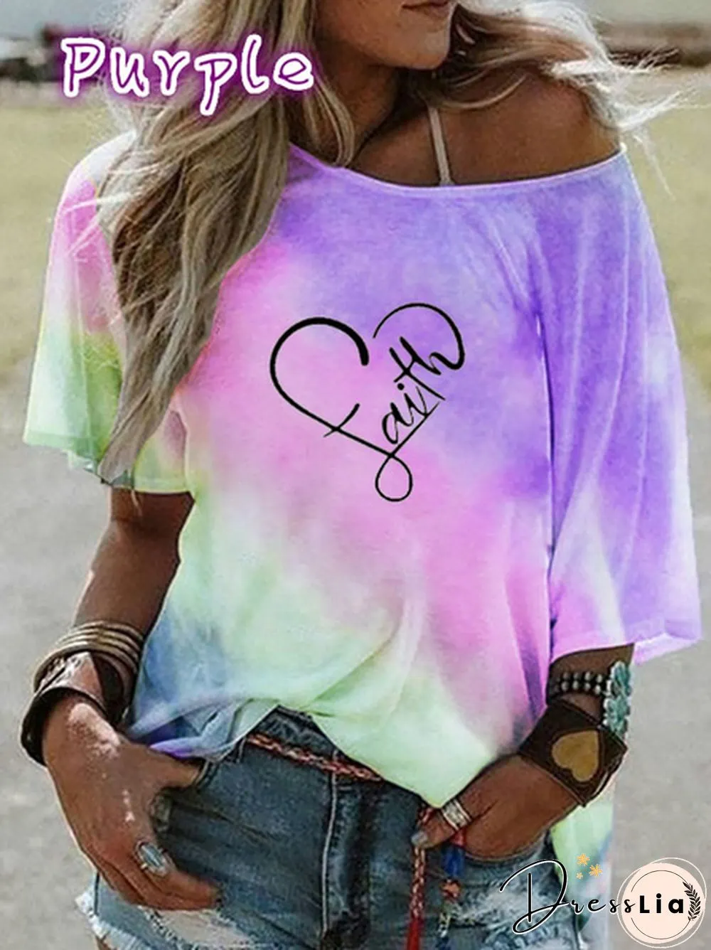 Ladies Faith Tees Plus Size Womens Fashion Tie-dyed Gradient Color Print Camisole Off The