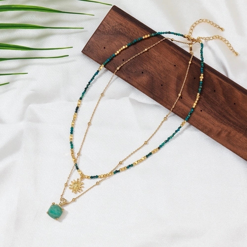 Vintage Style Ethnic Style Minimalist Irregular Round Sun Natural Stone Copper 18K Gold Plated Layered Necklaces In Bulk