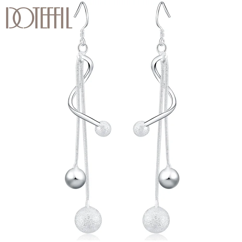 DOTEFFIL 925 Sterling Silver Smooth Frosted Beads Ball Drops Earrings For Women Jewelry
