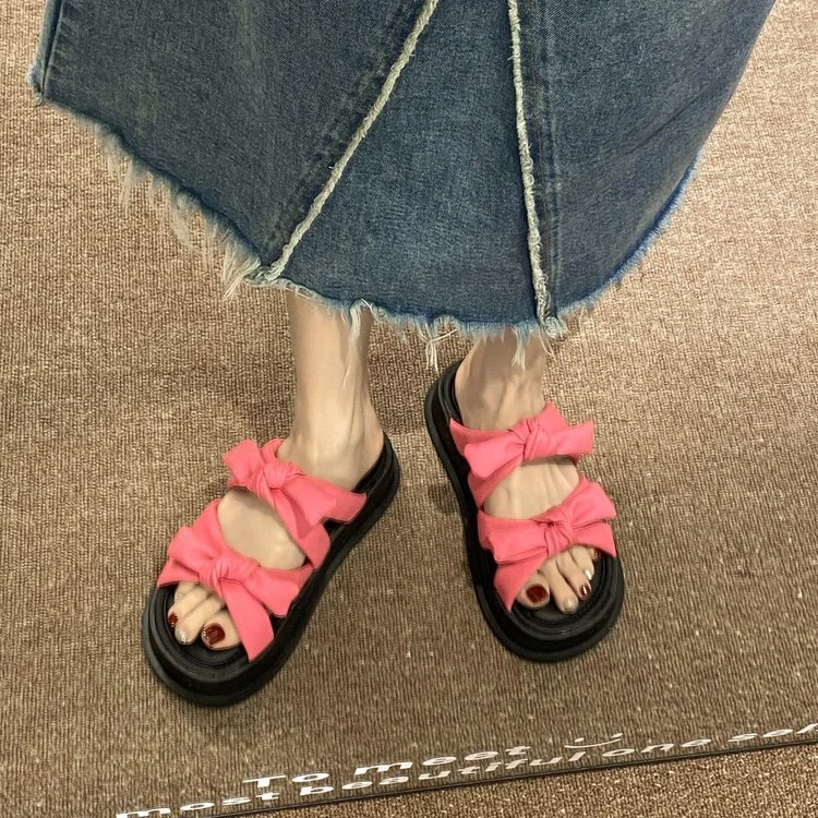 Wongn Wongn Summer New Fashion Korean Version Bow Knot Sweet And Lovely Thick Bottom Outside Wear Cool Slippers Women's Shoes Hot Style