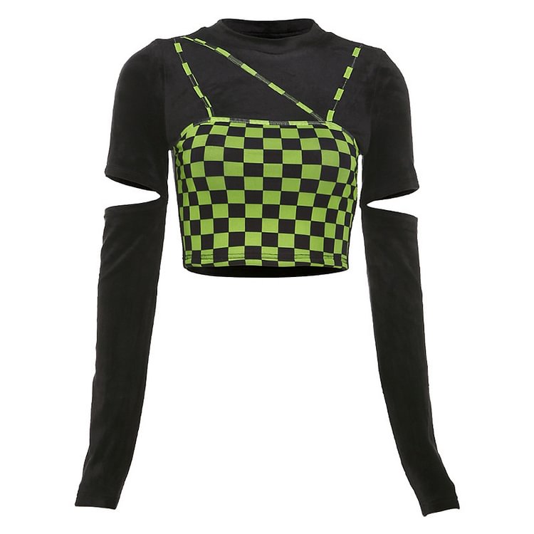 Contrasting Slim Round Neck Checkerboard Long Sleeve T-Shirt WM10011 weebmemes