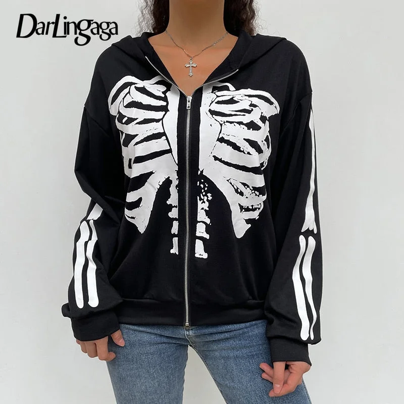 Darlingaga Goth Skeleton Print Autumn Winter Hoodies Women Zipper Up Harajuku Sweatshirt Gothic Clothes Loose Jacket Coat Hooded
