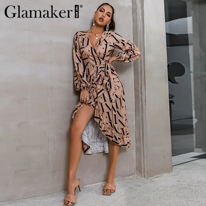 Glamaker Lantern sleeve bandage ruffles maxi dress Holiday beach summer elegant vestidos A-line v neck spring fashion dress 2021