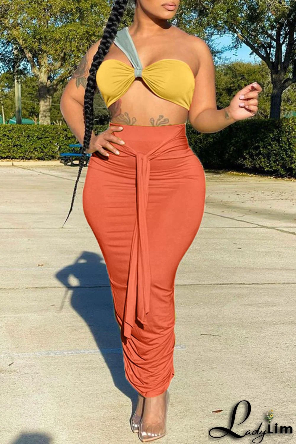 Orange Fashion Sexy Solid Split Joint Backless Strapless Sleeveless Two Pieces
