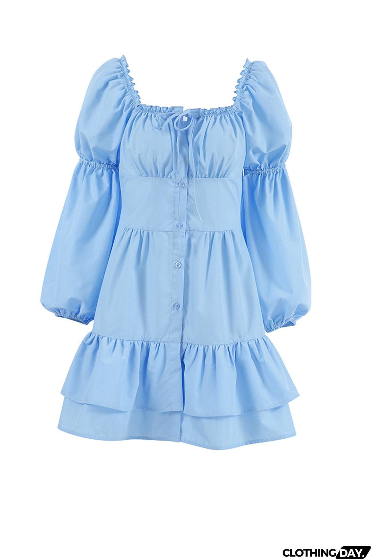 Puff Sleeve Single-breasted Ruffle Dress