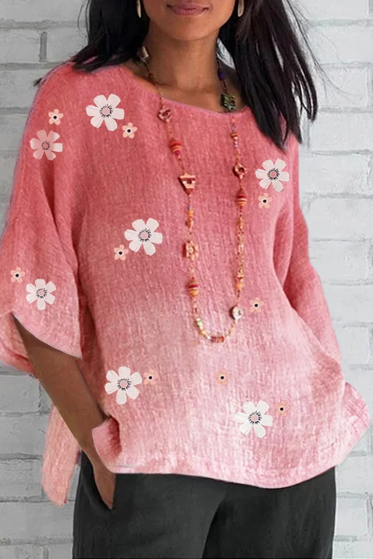 Flycurvy Plus Size Casual Pink Linen Ombre Floral Print Blouse  Flycurvy [product_label]