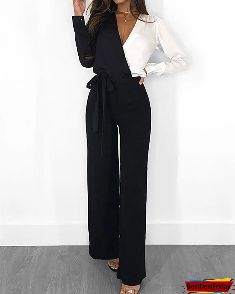 V Neck Colorblock Long Sleeve Belted Casual Jumpsuit P7822733021