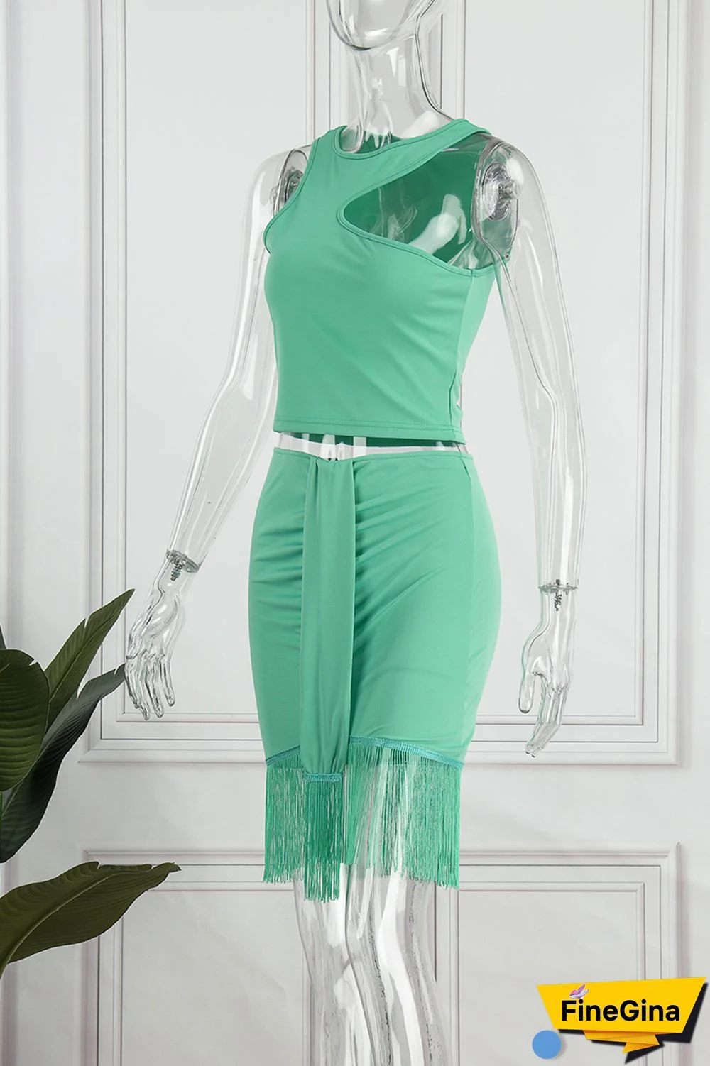 White Green Sexy Solid Tassel O Neck Sleeveless Two Pieces
