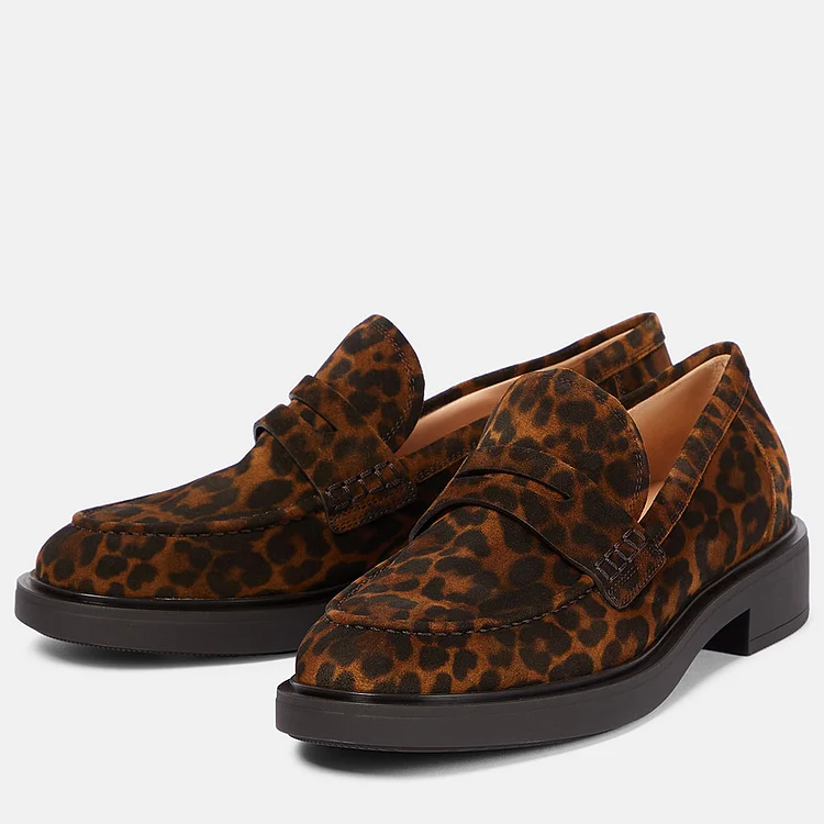 Brown Vegan Suede Leopard Print Flat Penny Loafers for Women |FSJ Shoes