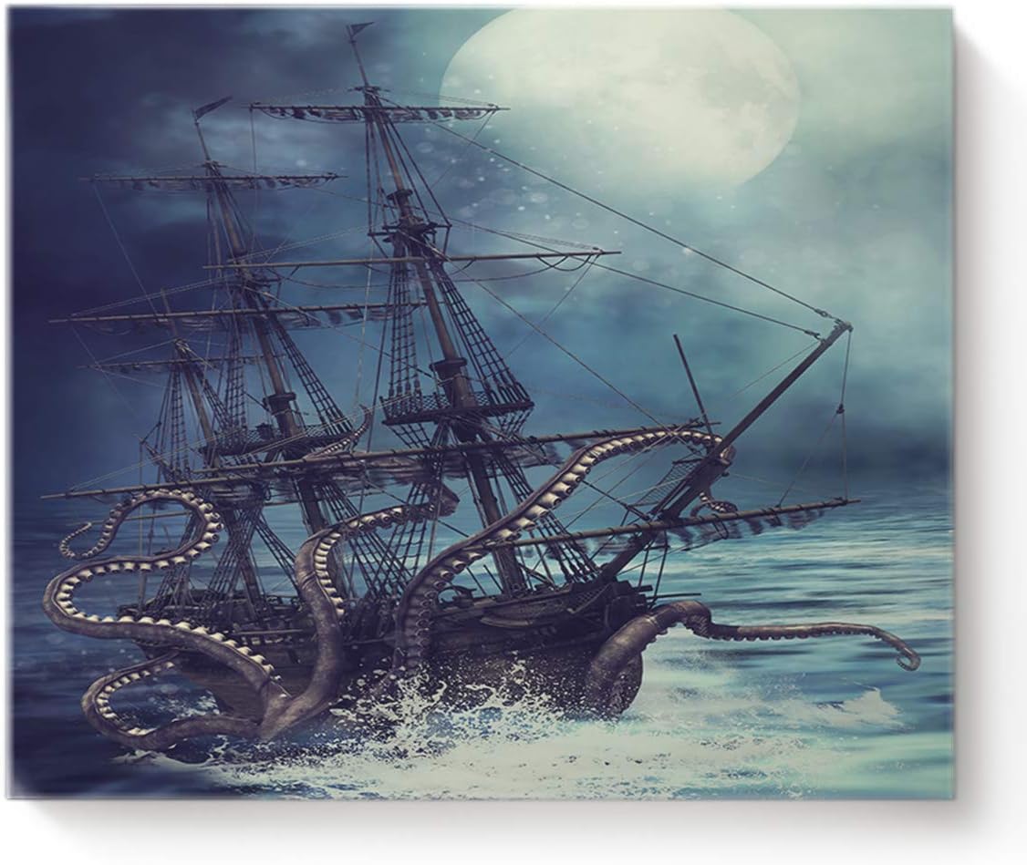 Canvas Print Wall Art Kraken Octopus Monster Pirate Ship Wall Decor Paintings Pictures for Living Room Modern Artwork Stretched and Framed Ready to Hang 24 inch  x 28 inch