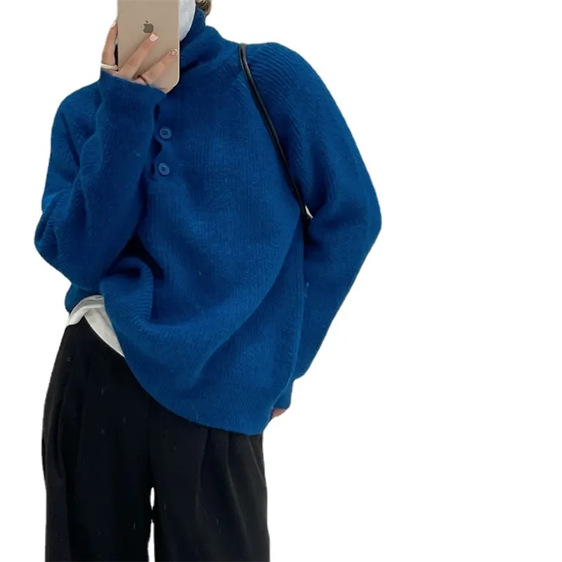 Churchf Churchf Autumn Winter Korean Version Loose Lazy Casual Collar Pure Color Button Design Niche Knit Sweater Woman
