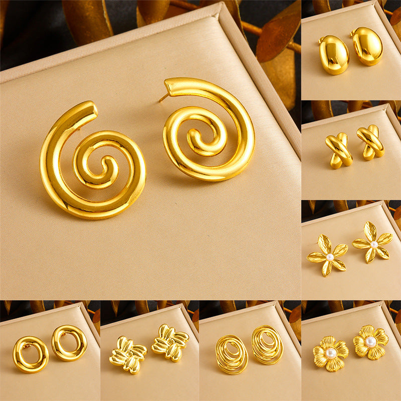 Simple And Cool Style Thread Rotating Circular Geometric Leaf Flower Stainless Steel Personality Smooth Earrings