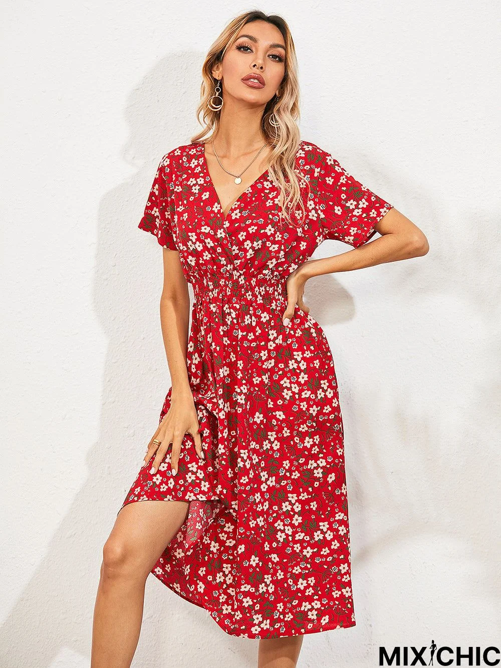 Fashion Casual Small Floral Short-sleeved Dress