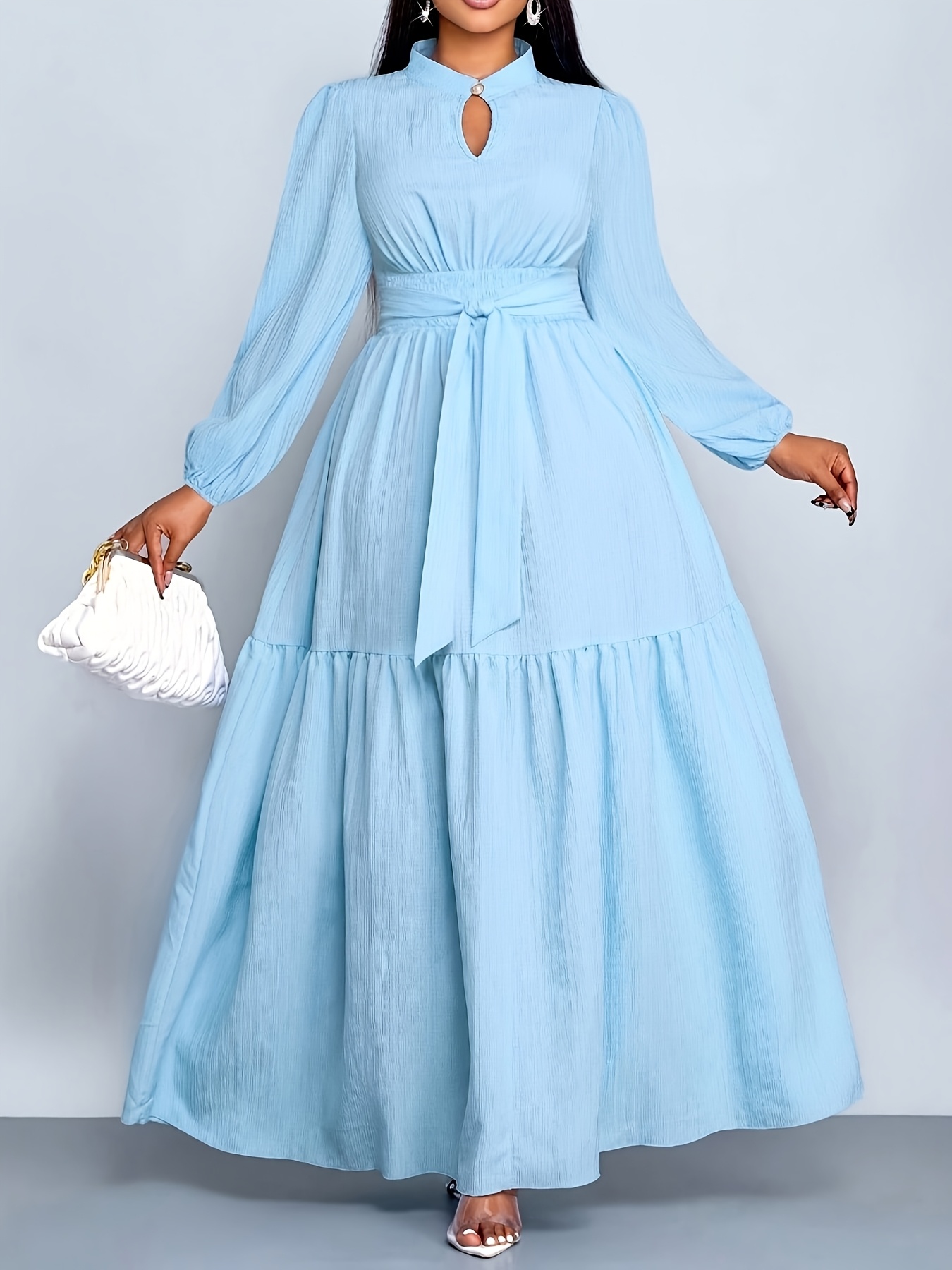 Women's Elegant Light Blue A-Line Maxi Dress With Pleated Skirt & Puffed Sleeve - Floor-Length Formal & Semi-Formal Outfits For Office, Party
