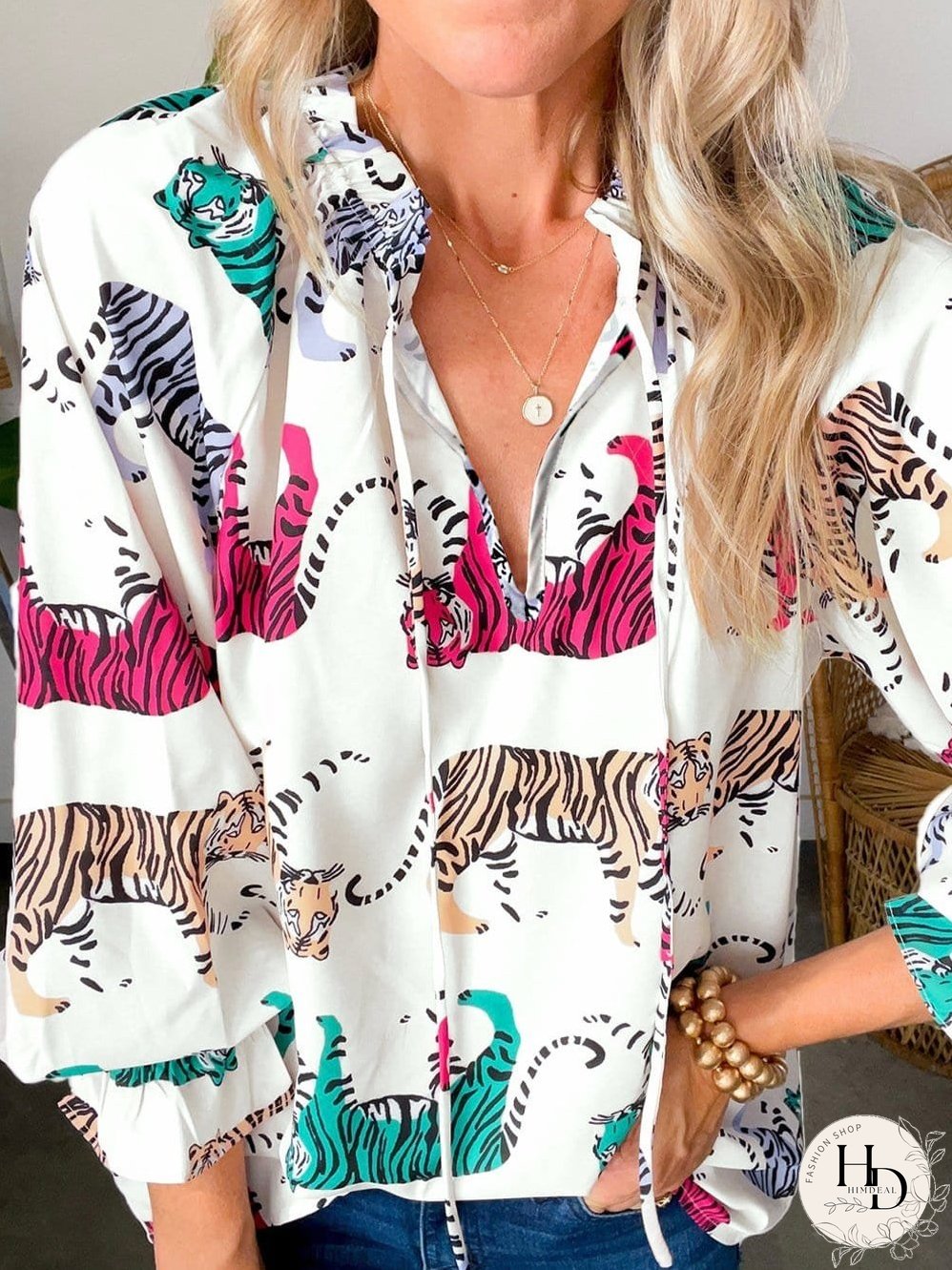 White Background Tiger Print Blouse