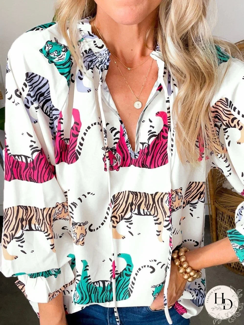 White Background Tiger Print Blouse