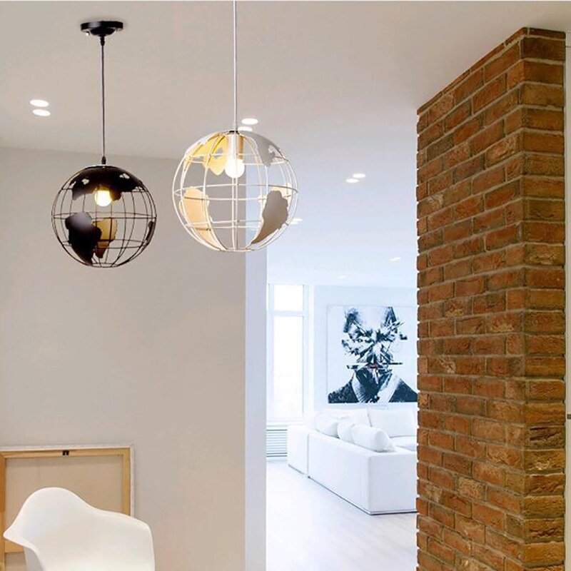 Art Deco Globe Black White Modern Pendant Lamp Iron Cage Loft E27 Cord Lights For Dining Room Living Room Cafe Office Bedroom