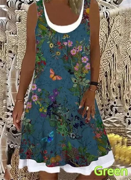 Women's Dress Summer New Fashion Women's Flower Fake Two-piece Printed Sleeveless Round Neck Casual Dress Loose Plus Size Soft and Comfortable Thin Summer Dress