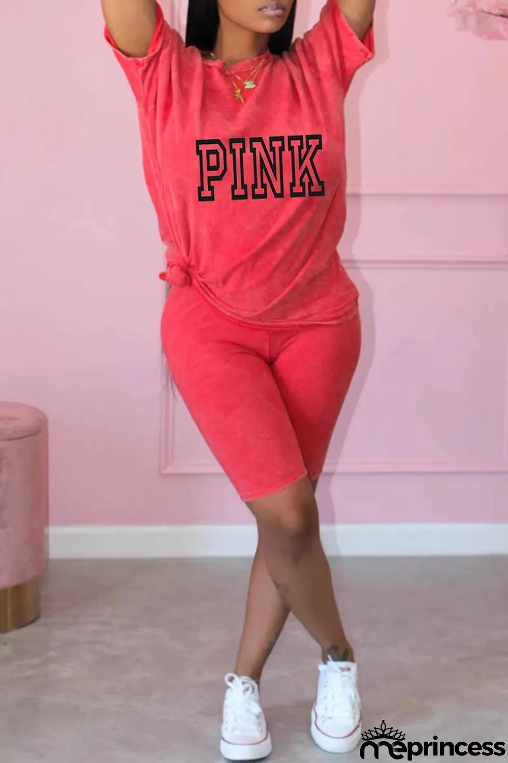 Purple Casual Print Letter O Neck Short Sleeve Two Pieces