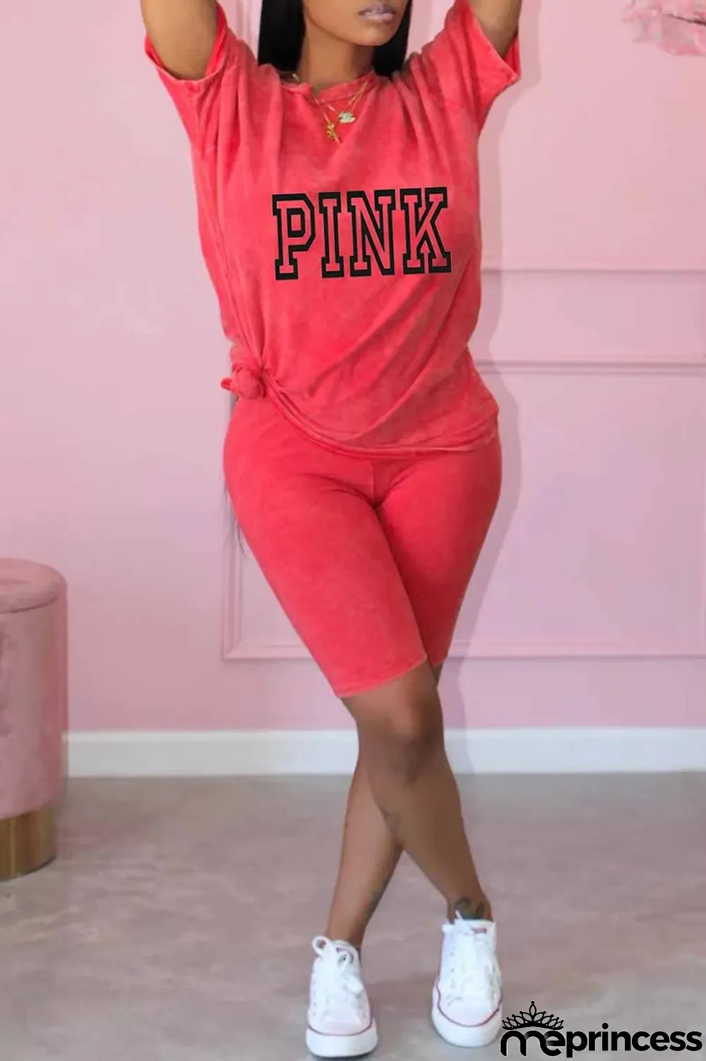 Purple Casual Print Letter O Neck Short Sleeve Two Pieces