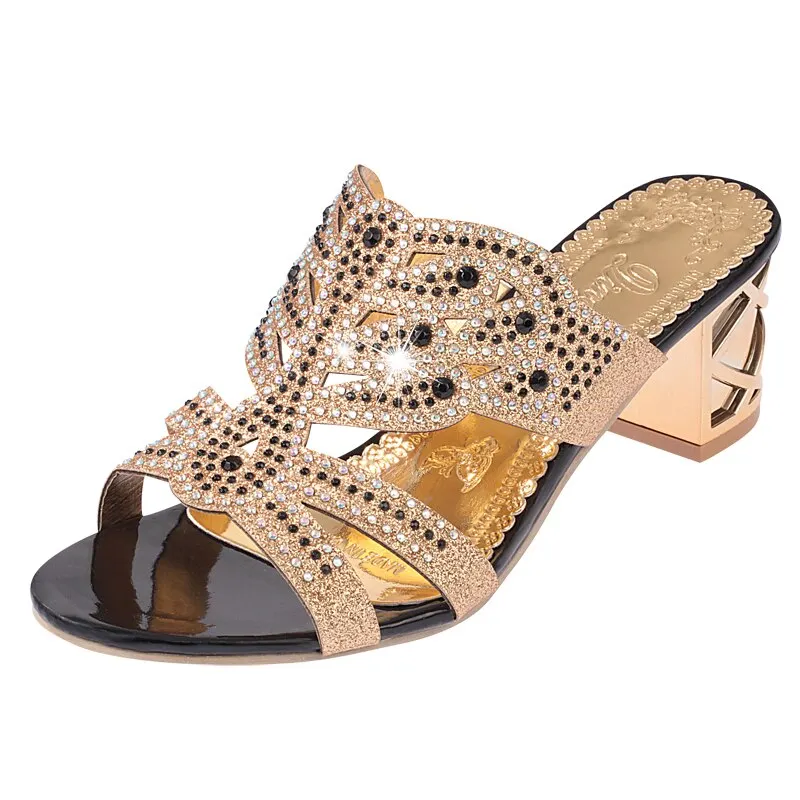Lucyever 2020 Summer Women's Rhinestones Slippers Slides Fashion Thick High Heels Gladiator Sandals Beach Flip Flops Shoes Woman