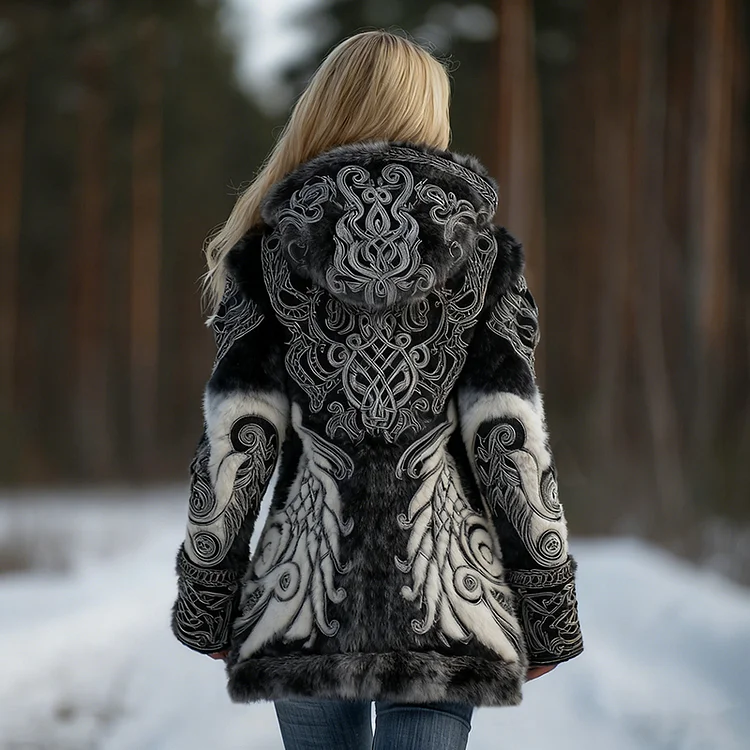 Women's Viking Wings Celtic Art Flannel Hooded Zipper Sweatshirt