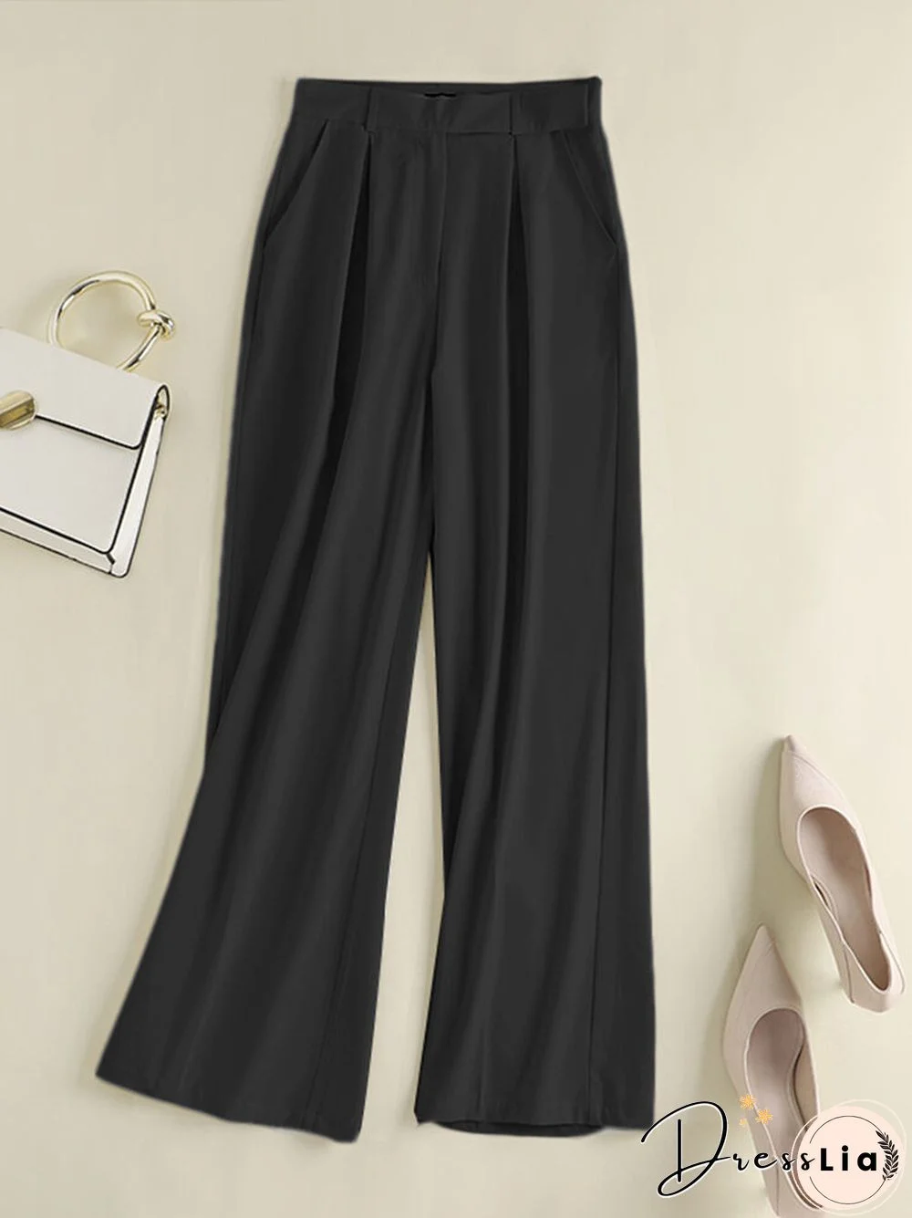 Casual Solid Pocket Wide Leg Pants For Women