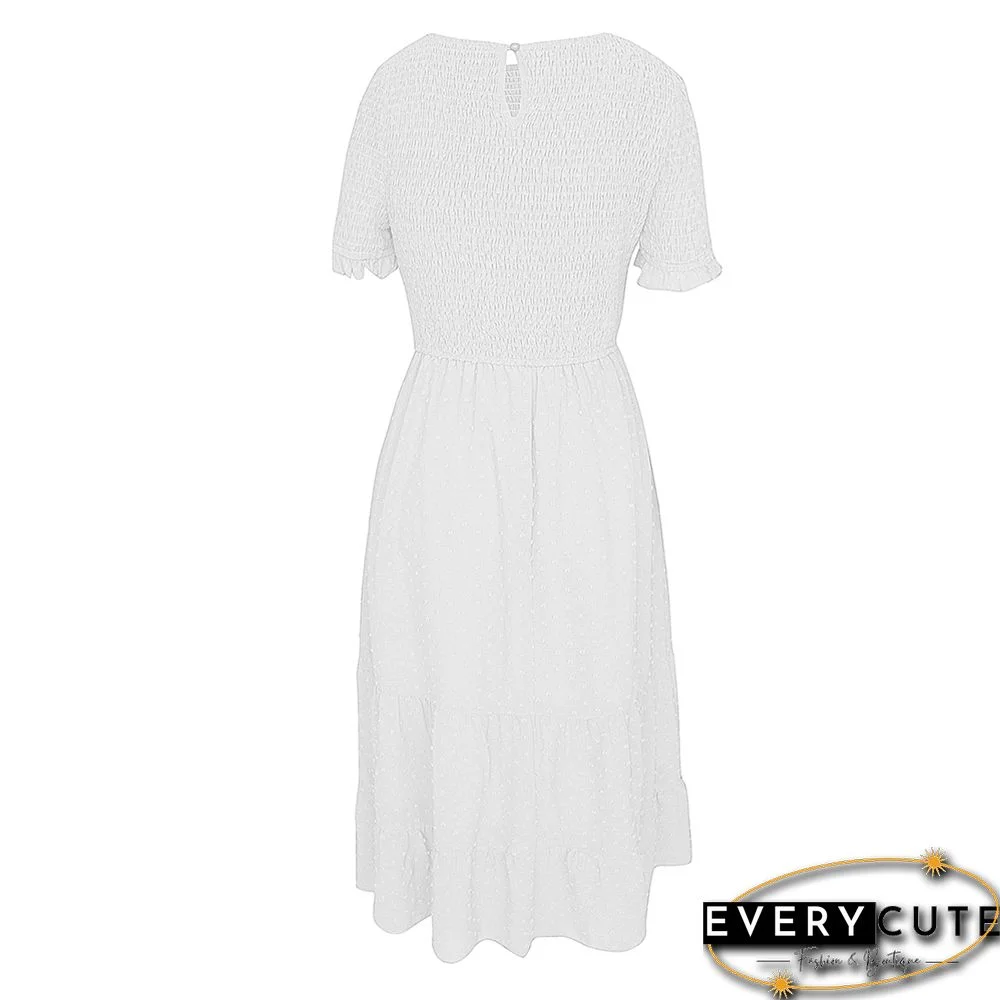 White Swiss Dot Pleated Elegant Short Sleeve Midi Dress