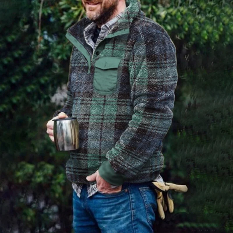Men's Plaid Zipped Stand Collar Pocket Training Suit Sweater