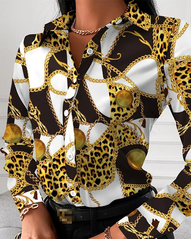 New Chain Print Women Tops And Blouses Fashion Turn-down Collar Long Sleeve Casual Plus Size Elegant Office Work Lady Shirts