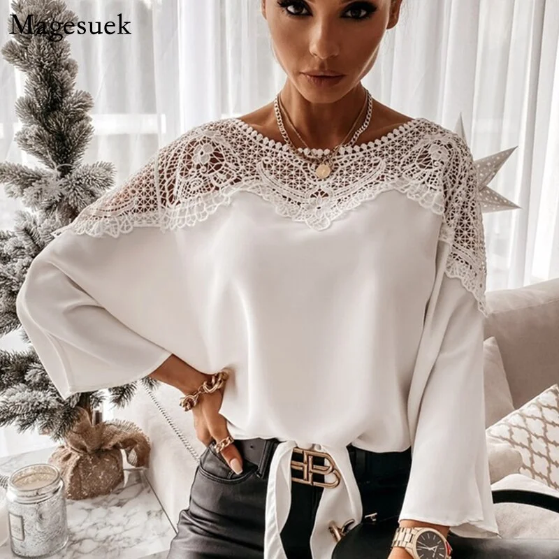 Huiketi Floral Lace White Blouse Women 2023 O-Neck Long Sleeve Women's Shirt Casual Hollow Out Sexy Ladies Tops Blusas 12459