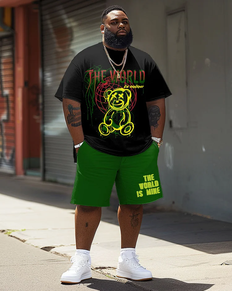 Men's Plus Size Street Casual Graffiti Bear Alphabet Print T-Shirt Shorts Suit