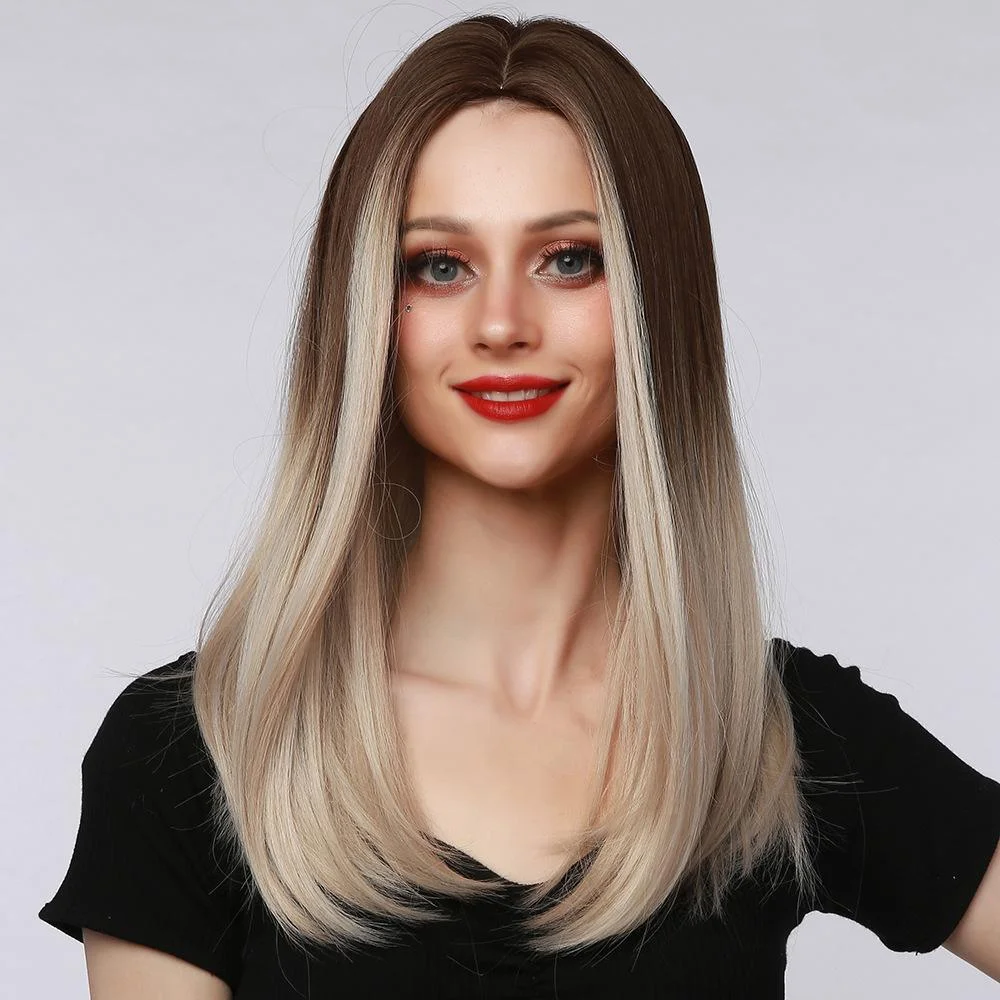 Foreign Trade Wig Women's Middle Split Brown Gradient Gold Medium Long Straight Hair | EGEMISS
