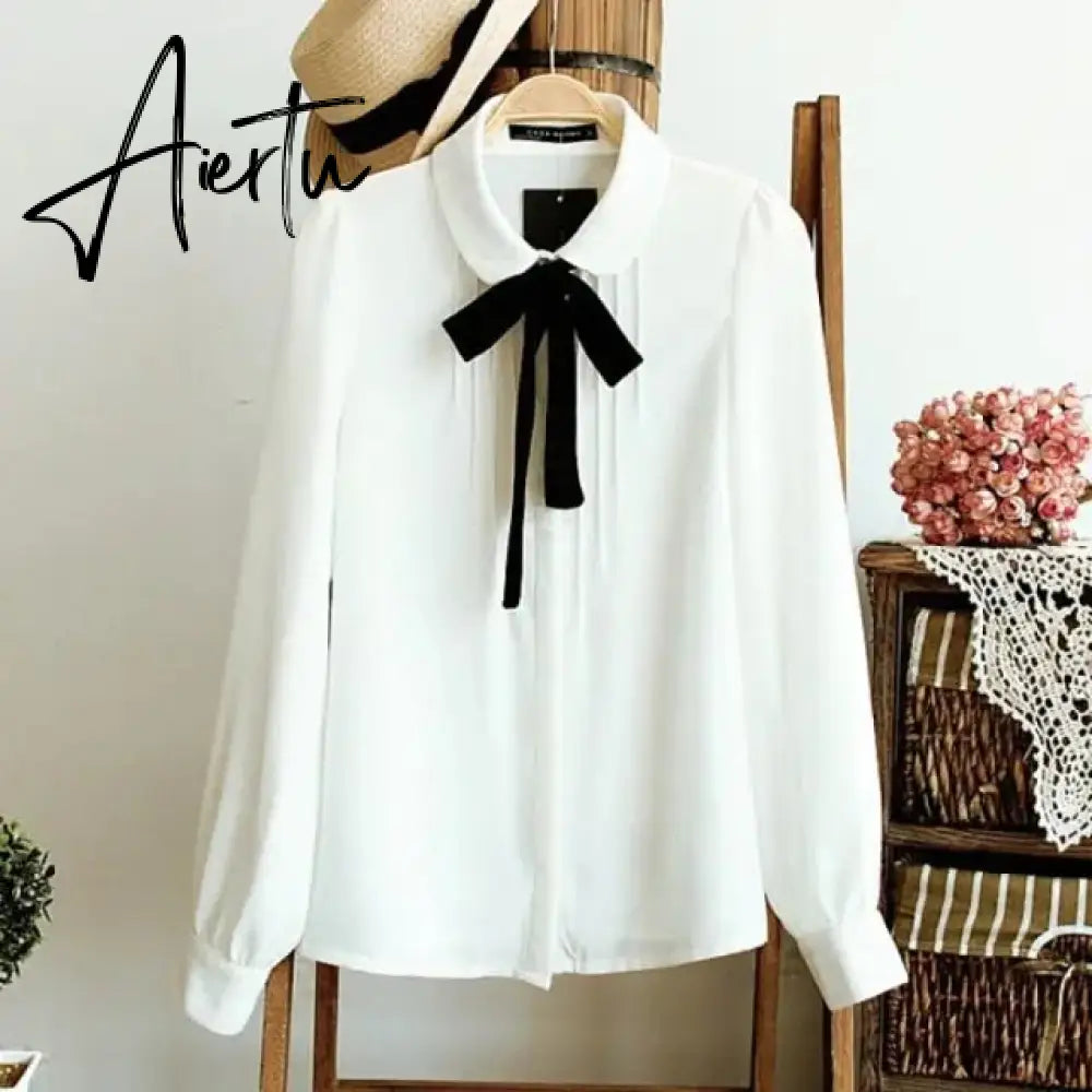 Women Blouses Elegant Chiffon Shirt Black Bow Tie Peter pan Collar Casual Shirt Ladies Tops School Style Girl Blouse 2 style Aiertu