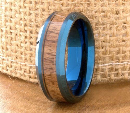 High Polish Tungsten Blue Tone With Dark Wood Inlay Rings Beveled Edges For Wedding Bands Women Mens